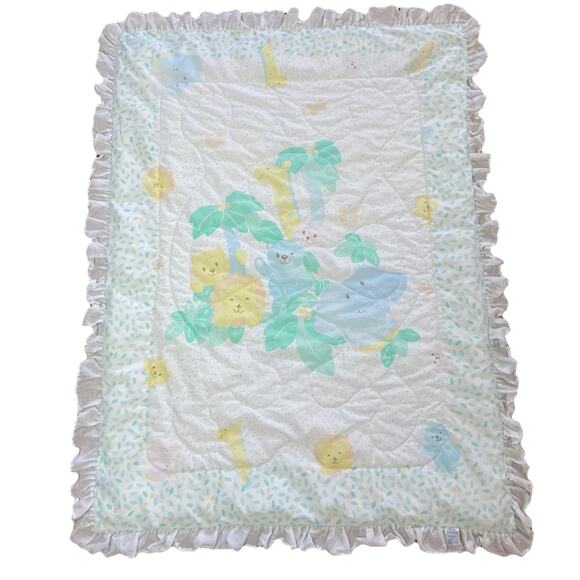 Vintage Baby Dreams Crib Comforter Quilt Blanket White Safari Green Pastel *READ - Picture 1 of 12
